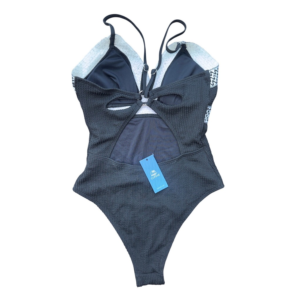 Cupshe One Piece Swimsuit Women Medium Black Textured Embroidered Cutout NWT - Picture 5 of 7